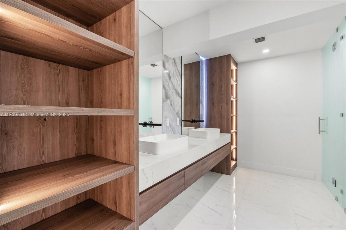 Bathroom, Dual Sink Vanities, Interior, Marble, Recessed Lighting, Sauna Room