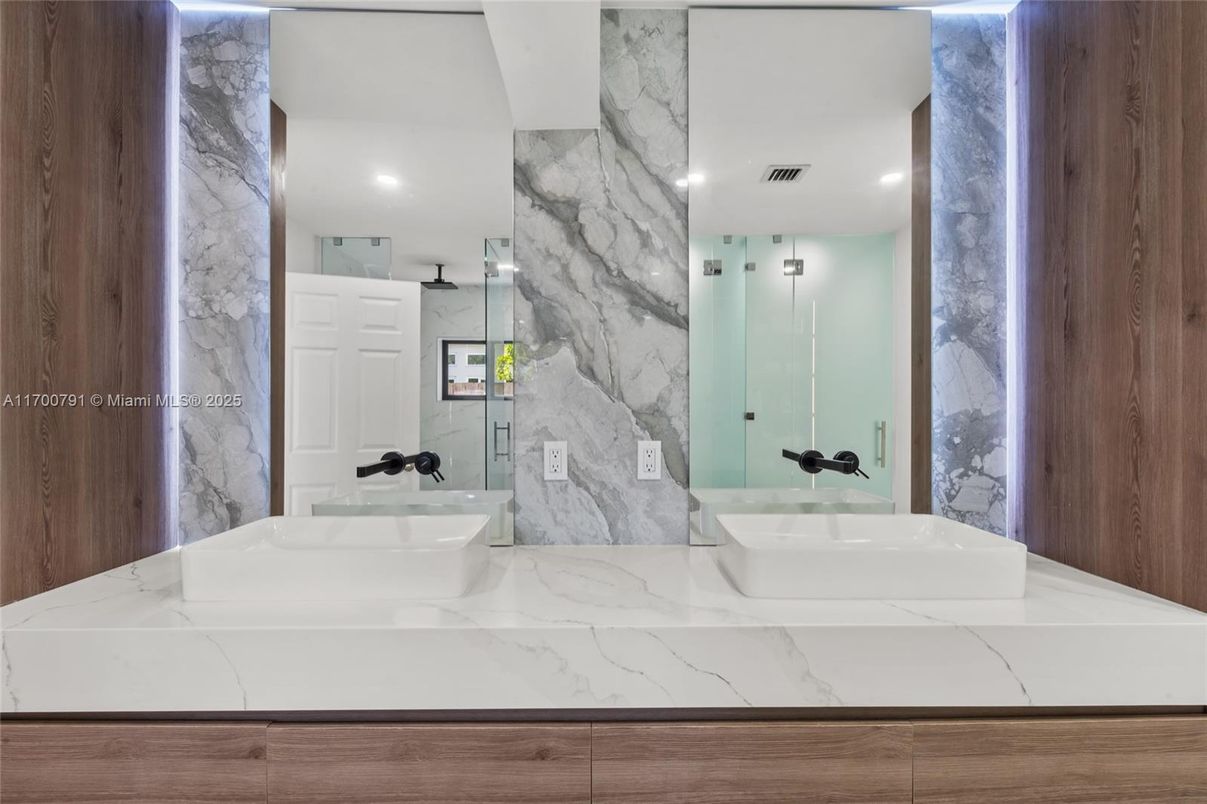 Bathroom, Glass Shower, Interior, Marble Walls, Recessed Lighting