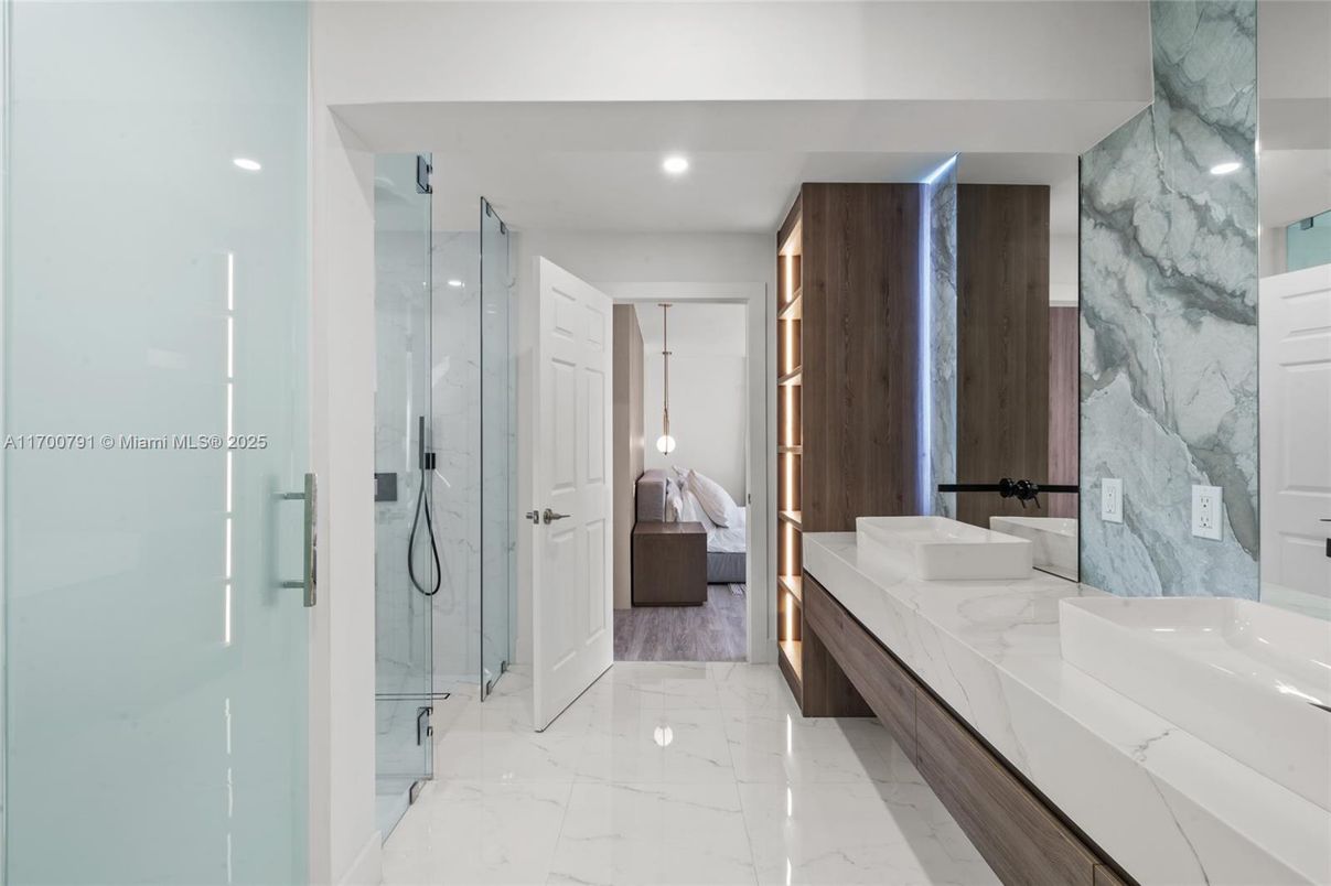 Bathroom, Bedroom, Dual Sink Vanities, Glass Shower, Interior, Marble, Marble Walls, Recessed Lighting