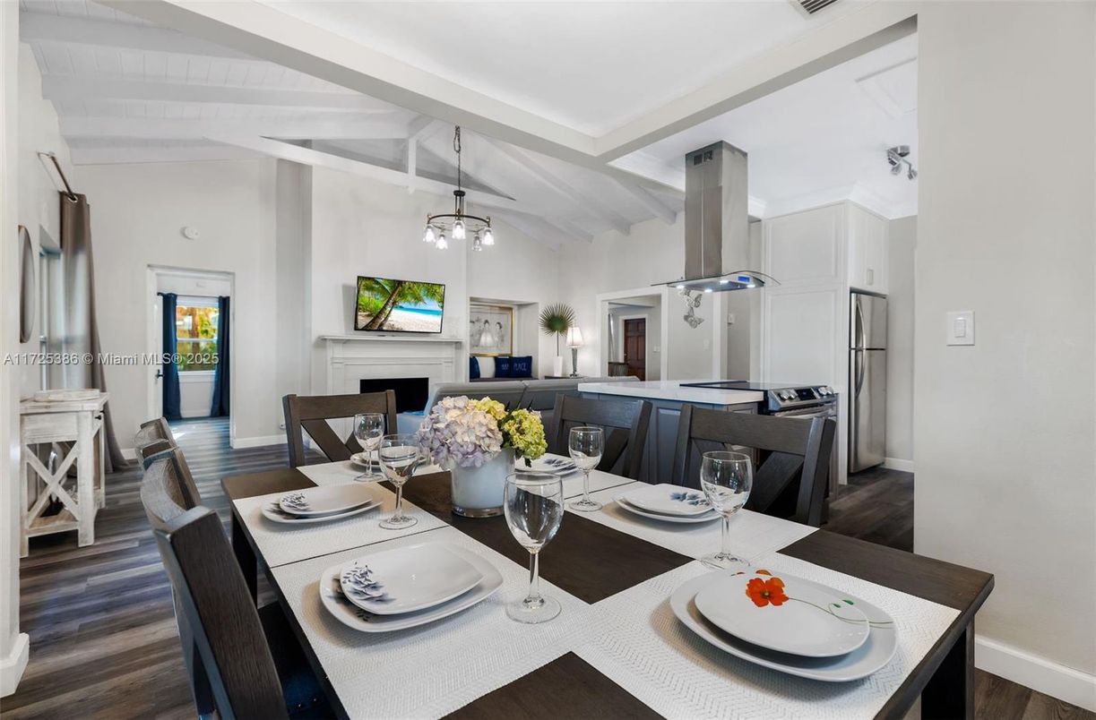 Dining room, Fireplace, Interior, Kitchen, Pendant Lights, Wood Texture Flooring