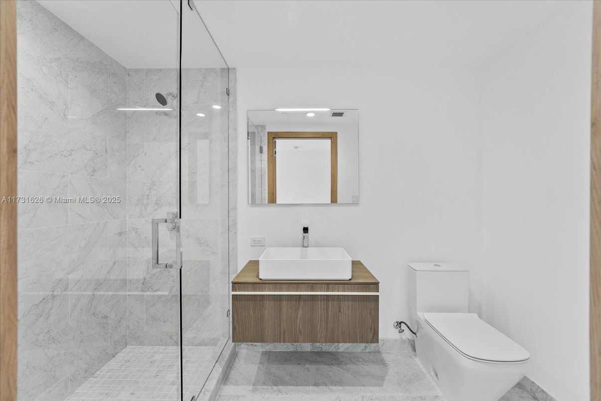 Bathroom, Glass Shower, Interior, Marble Walls, Recessed Lighting
