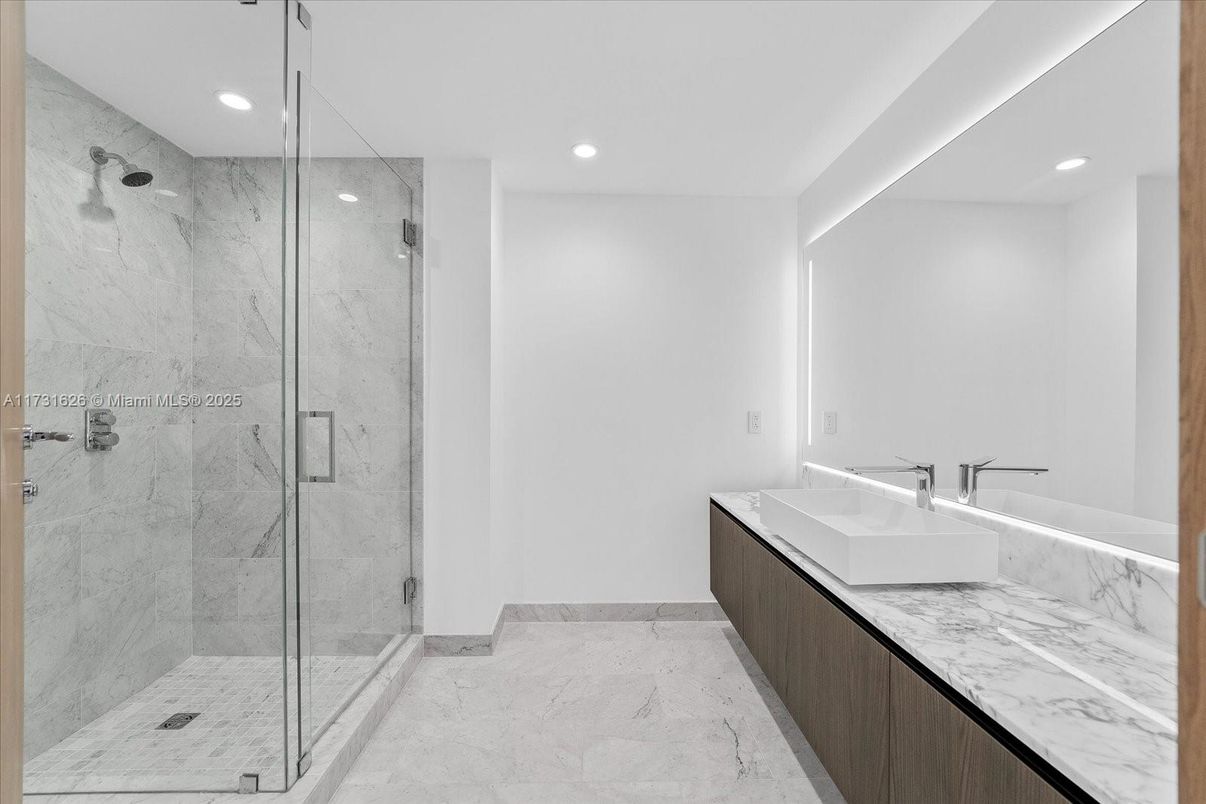 Bathroom, Glass Shower, Interior, Marble, Marble Walls, Recessed Lighting