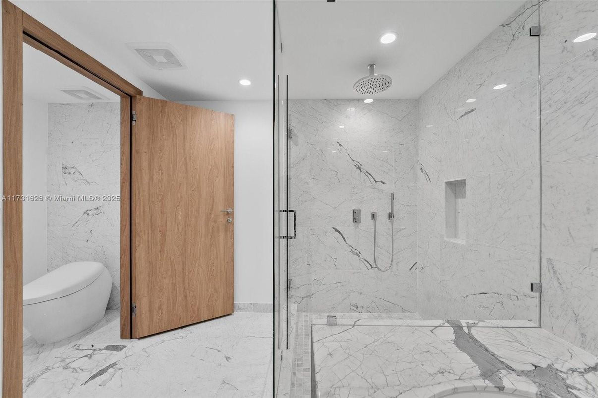 Bathroom, Glass Shower, Interior, Marble, Marble Walls, Recessed Lighting