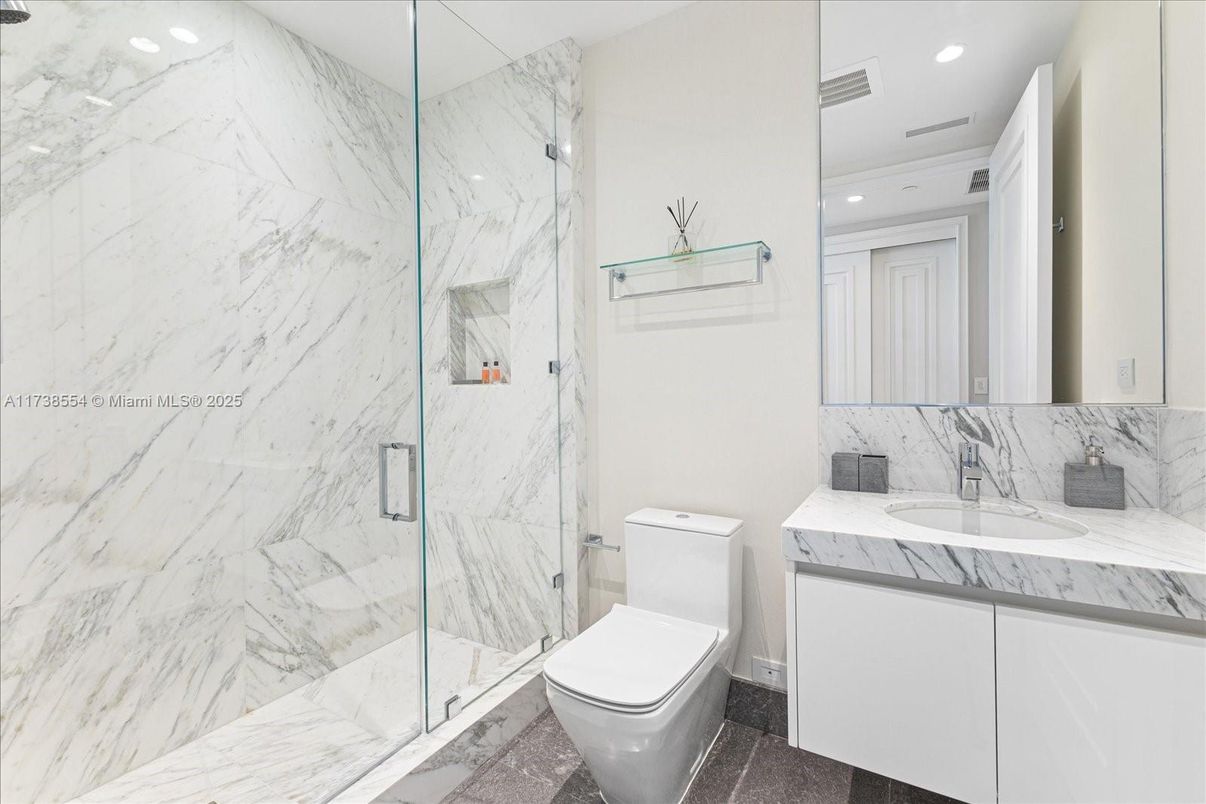 Bathroom, Glass Shower, Interior, Marble Walls, Recessed Lighting