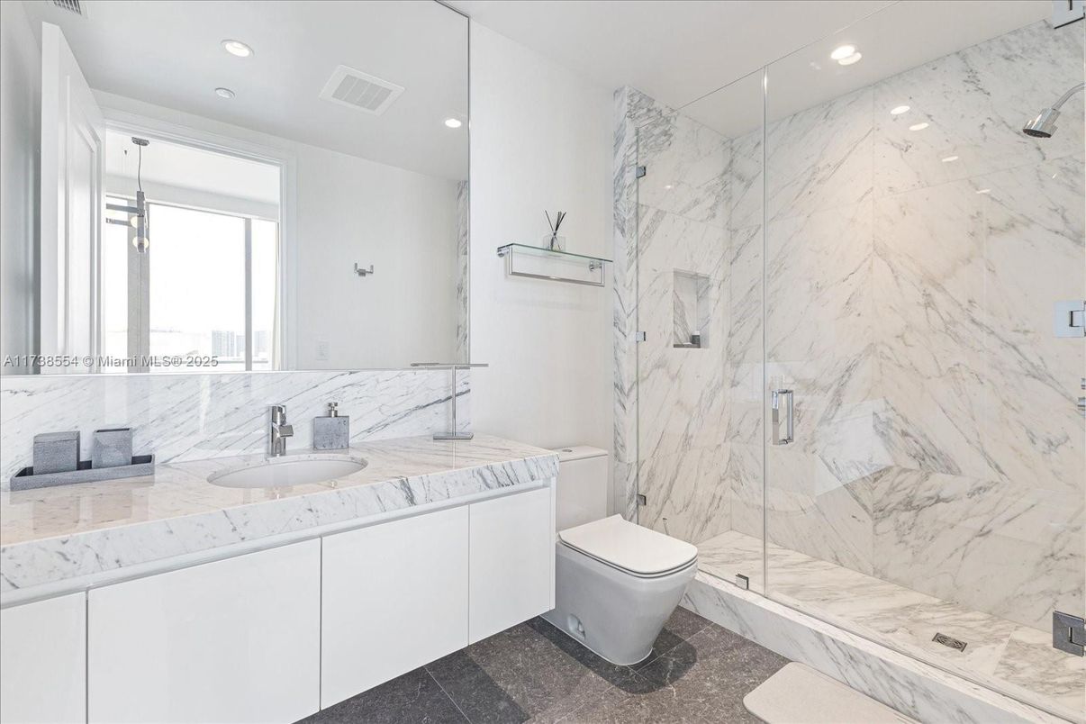 Bathroom, Glass Shower, Interior, Marble Walls, Recessed Lighting