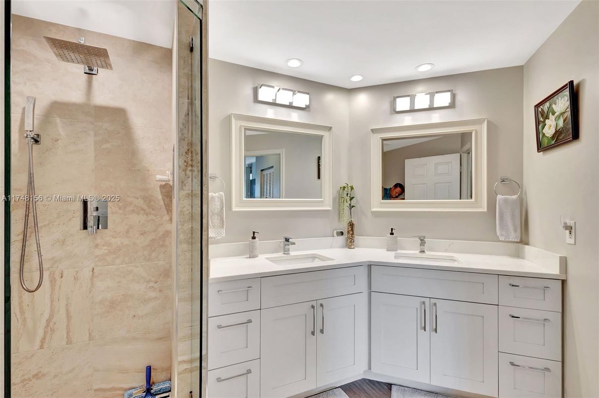 Bathroom, Dual Sink Vanities, Glass Shower, Interior, Recessed Lighting
