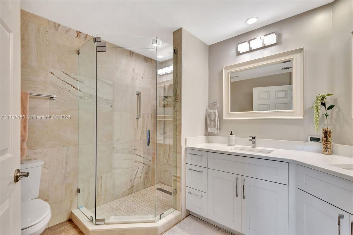 Bathroom, Glass Shower, Interior, Marble Walls, Recessed Lighting