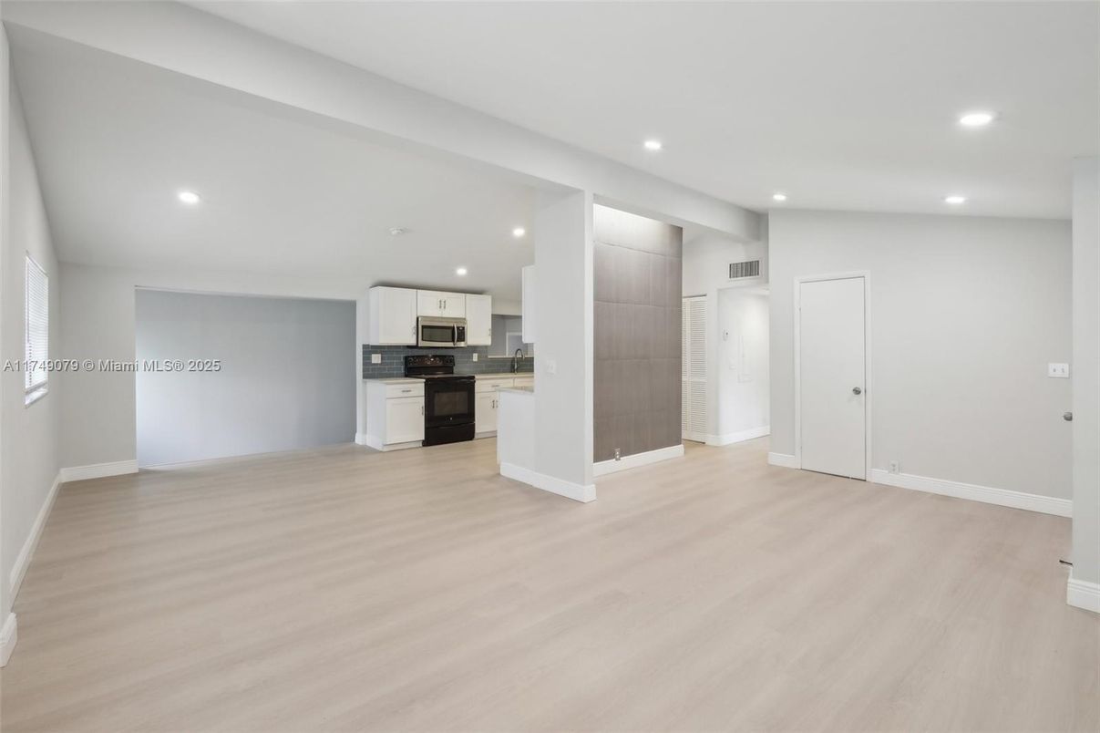 Empty room, Interior, Kitchen, Recessed Lighting, Wood Texture Flooring