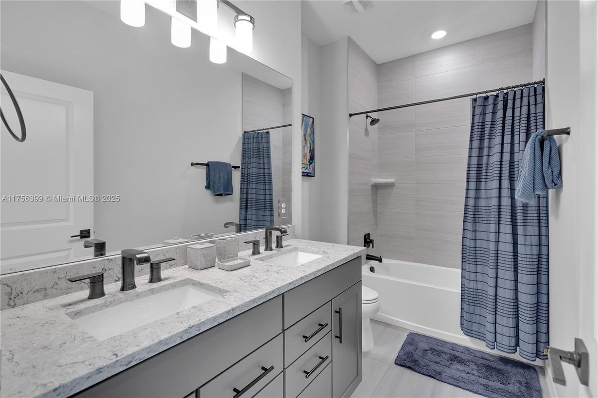 Bathroom, Dual Sink Vanities, Interior, Recessed Lighting, Wood Texture Flooring
