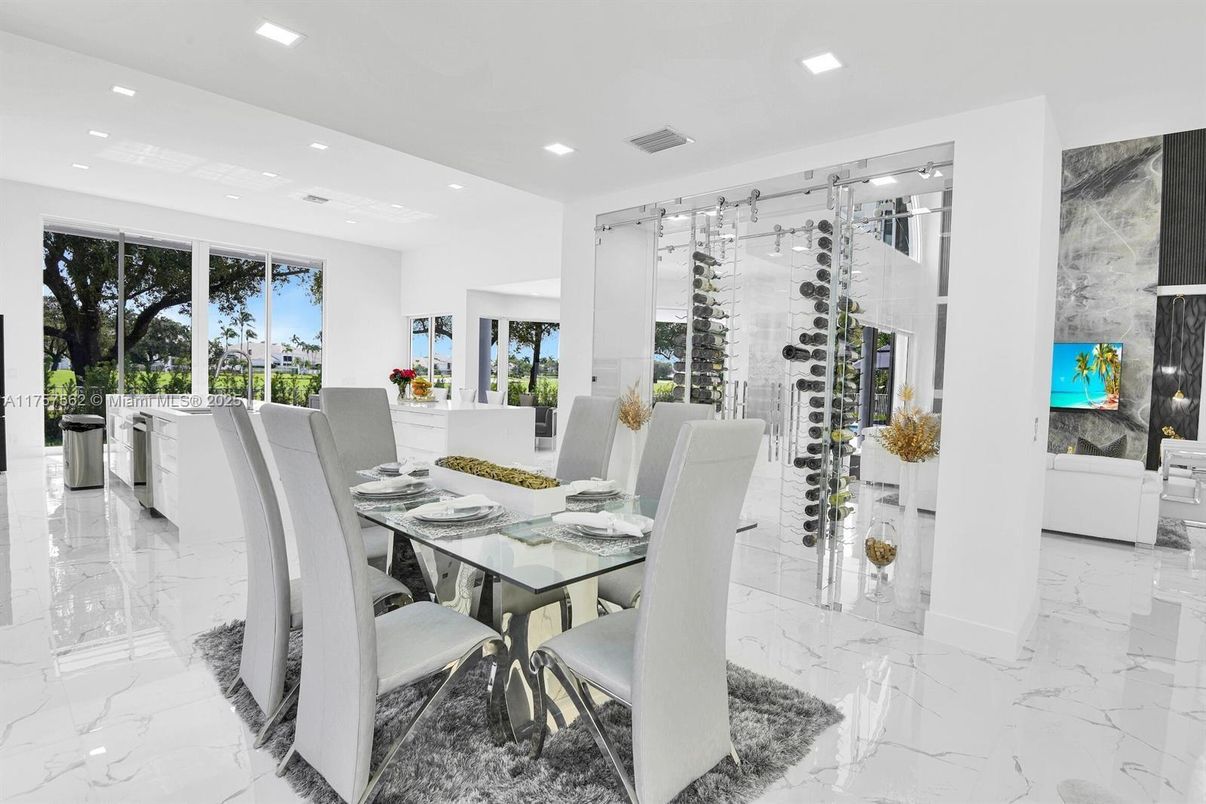 Dining room, Fireplace, Interior, Marble, Recessed Lighting