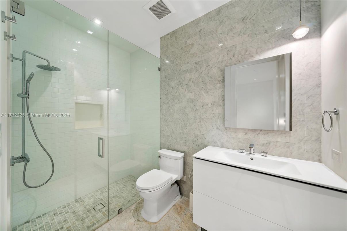 Bathroom, Glass Shower, Interior, Marble Walls, Recessed Lighting