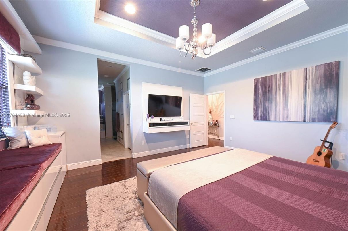 Bedroom, Chandelier, Interior, Recessed Lighting, Wood Texture Flooring