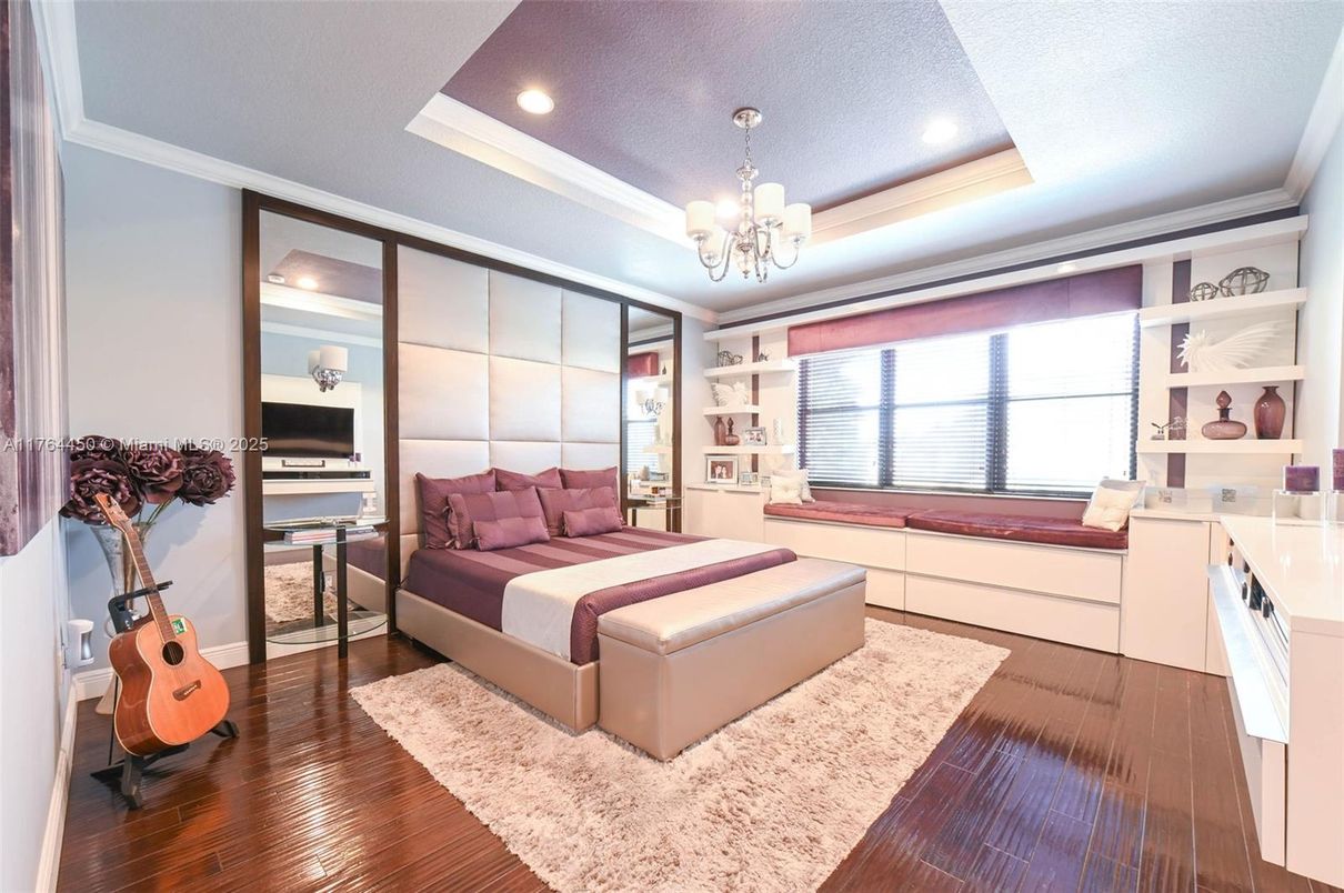 Bedroom, Chandelier, Interior, Recessed Lighting, Wood Texture Flooring