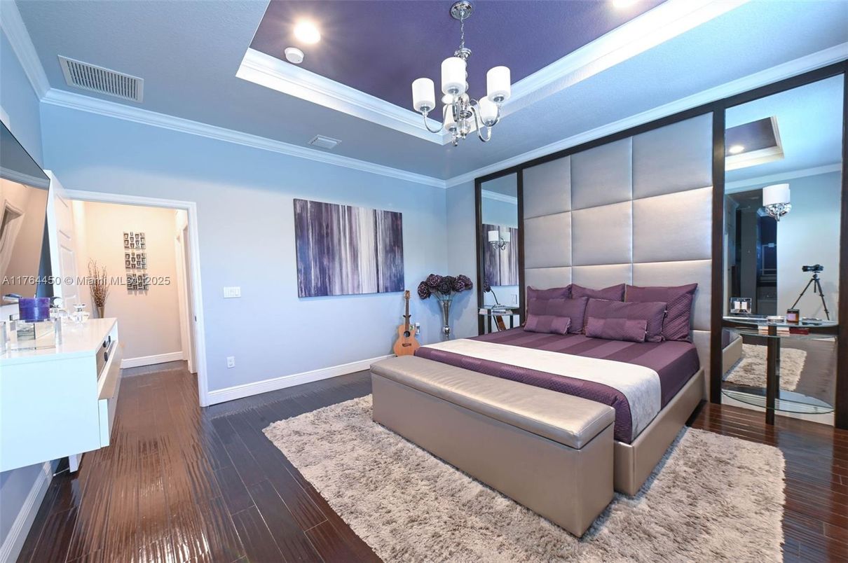 Bedroom, Chandelier, Interior, Recessed Lighting, Wood Texture Flooring