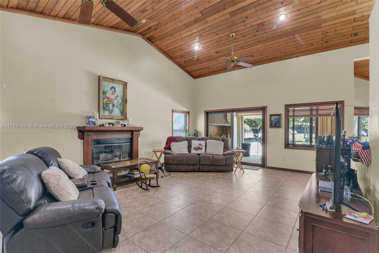 Fireplace, Interior, Living room, Recessed Lighting, Wooden Ceilings