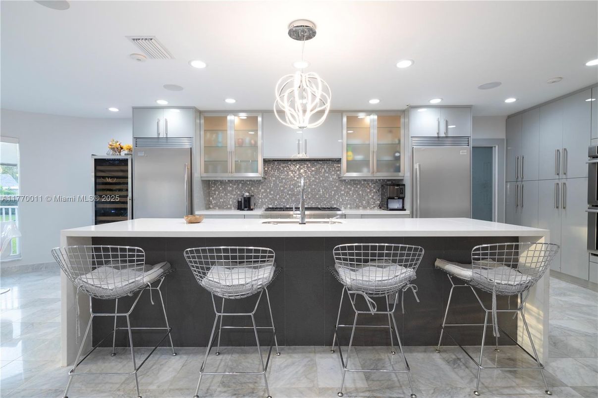 Interior, Kitchen, Marble, Pendant Lights, Recessed Lighting, Stainless Steel Appliances