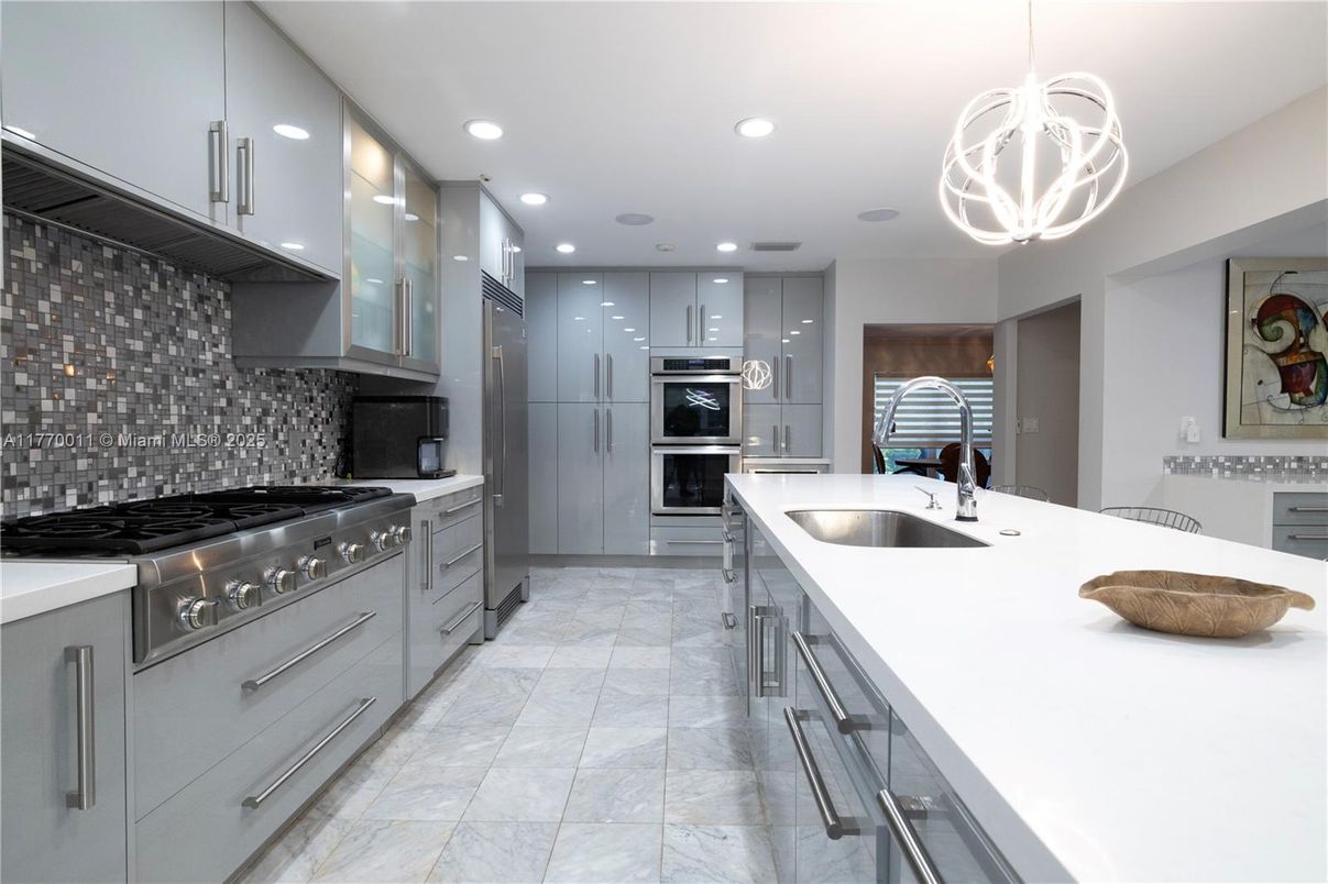 Interior, Kitchen, Marble, Pendant Lights, Recessed Lighting, Stainless Steel Appliances