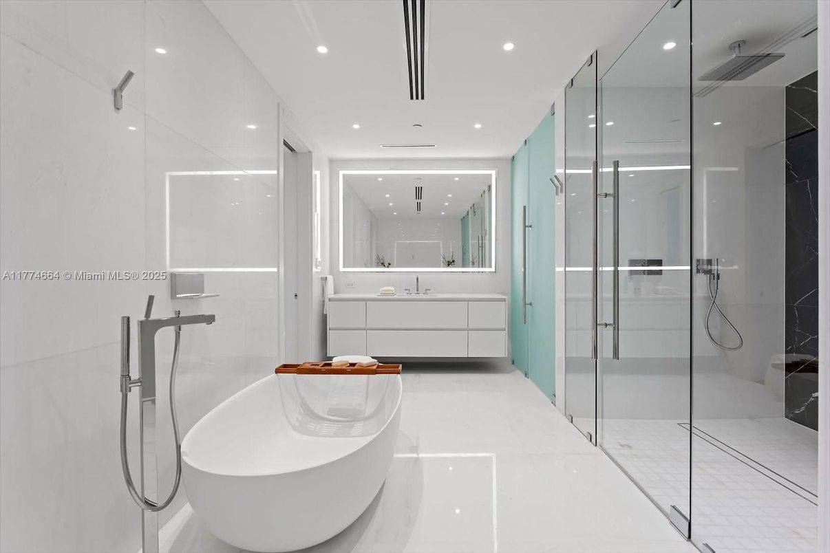 Bathroom, Free Standing Baths, Glass Shower, Interior, Recessed Lighting