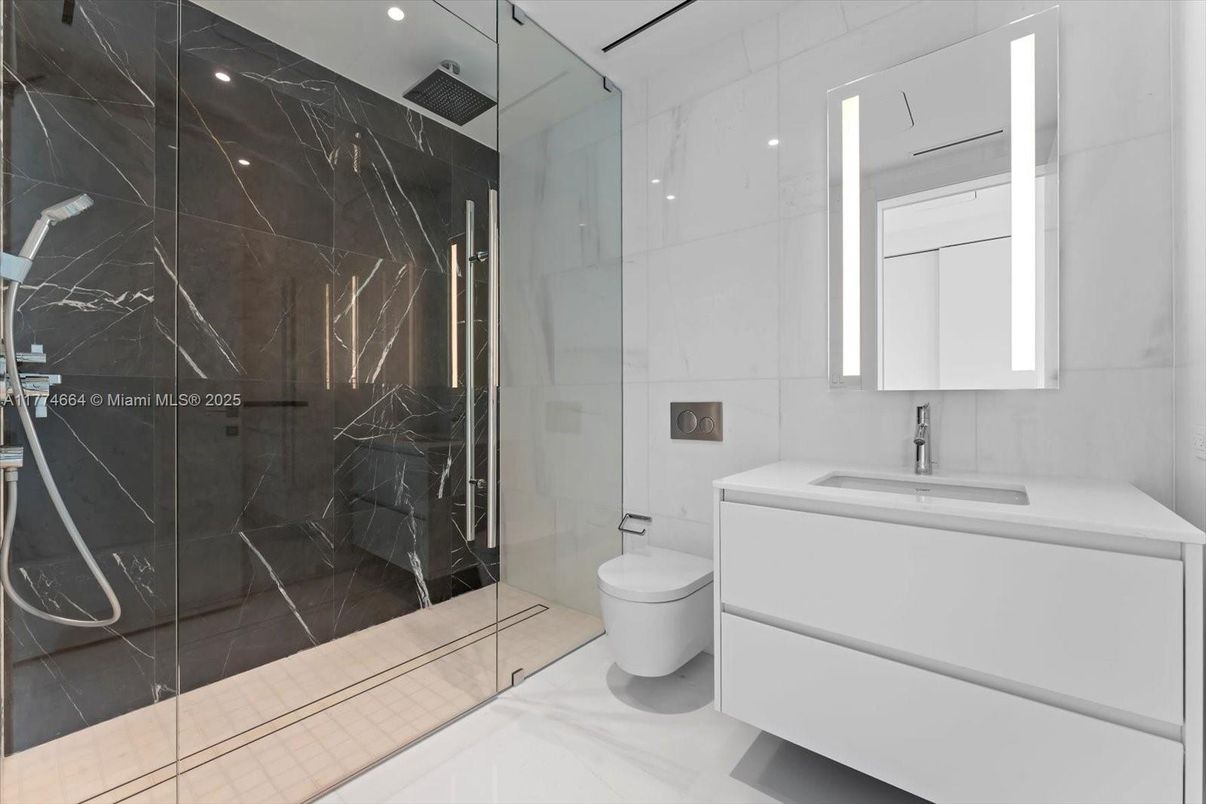 Bathroom, Glass Shower, Interior, Marble Walls, Recessed Lighting