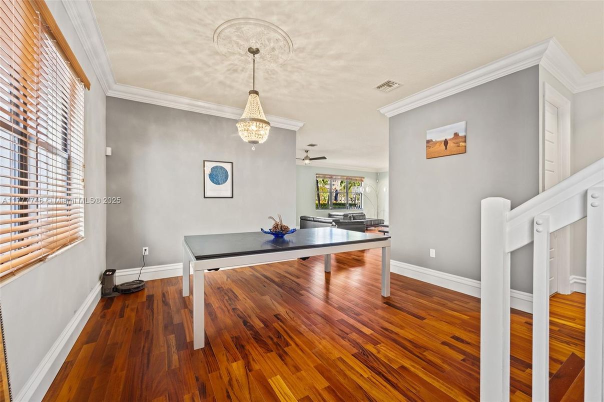 Chandelier, Game Room, Interior, Wood Texture Flooring