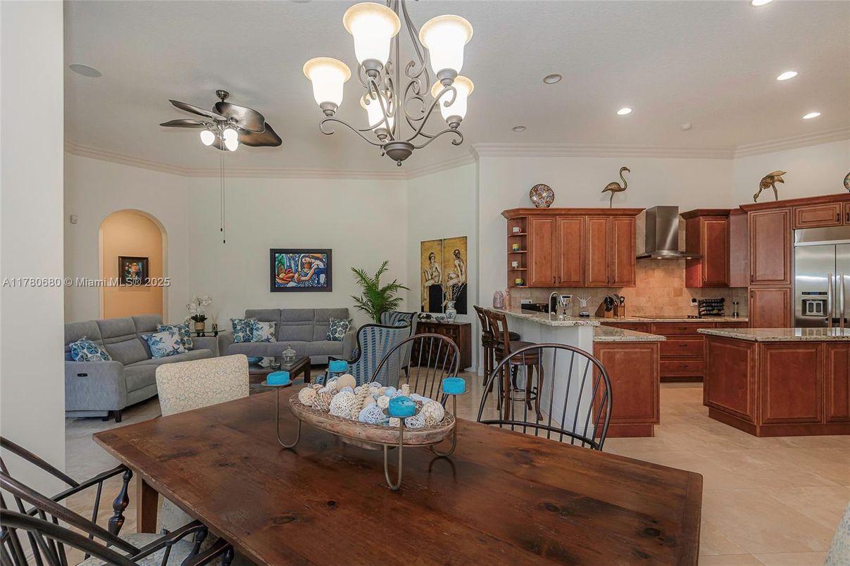 Chandelier, Dining room, Interior, Kitchen, Living room, Recessed Lighting, Stainless Steel Appliances