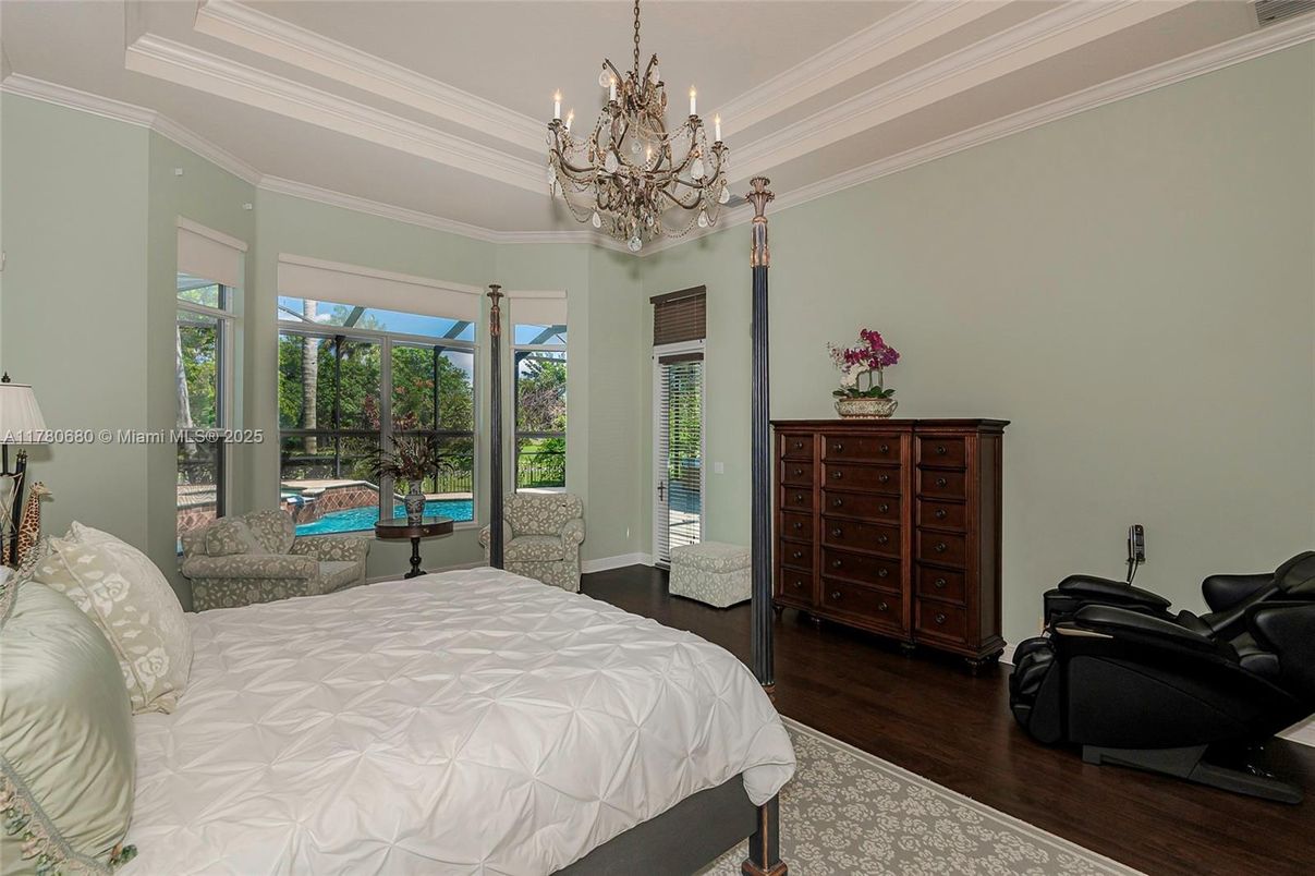 Bedroom, Chandelier, Interior, Wood Texture Flooring