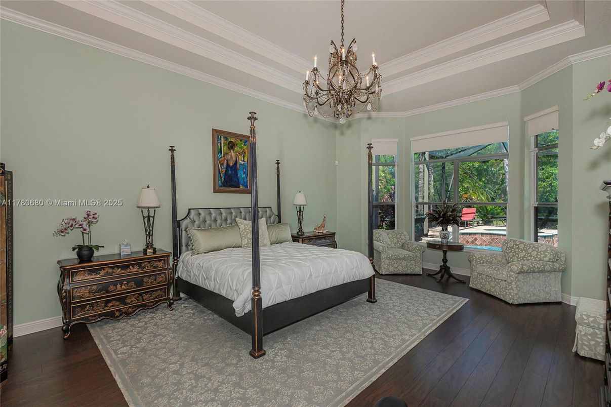 Bedroom, Chandelier, Interior, Wood Texture Flooring