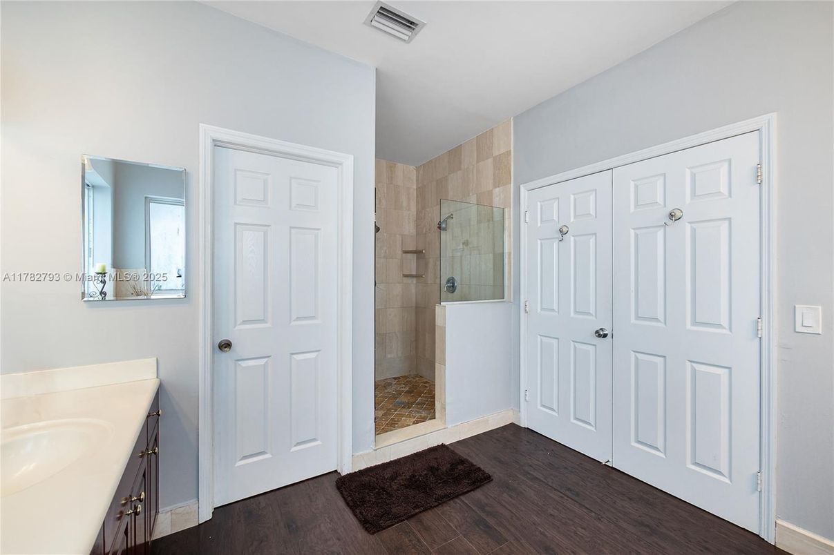 Bathroom, Glass Shower, Interior, Wood Texture Flooring