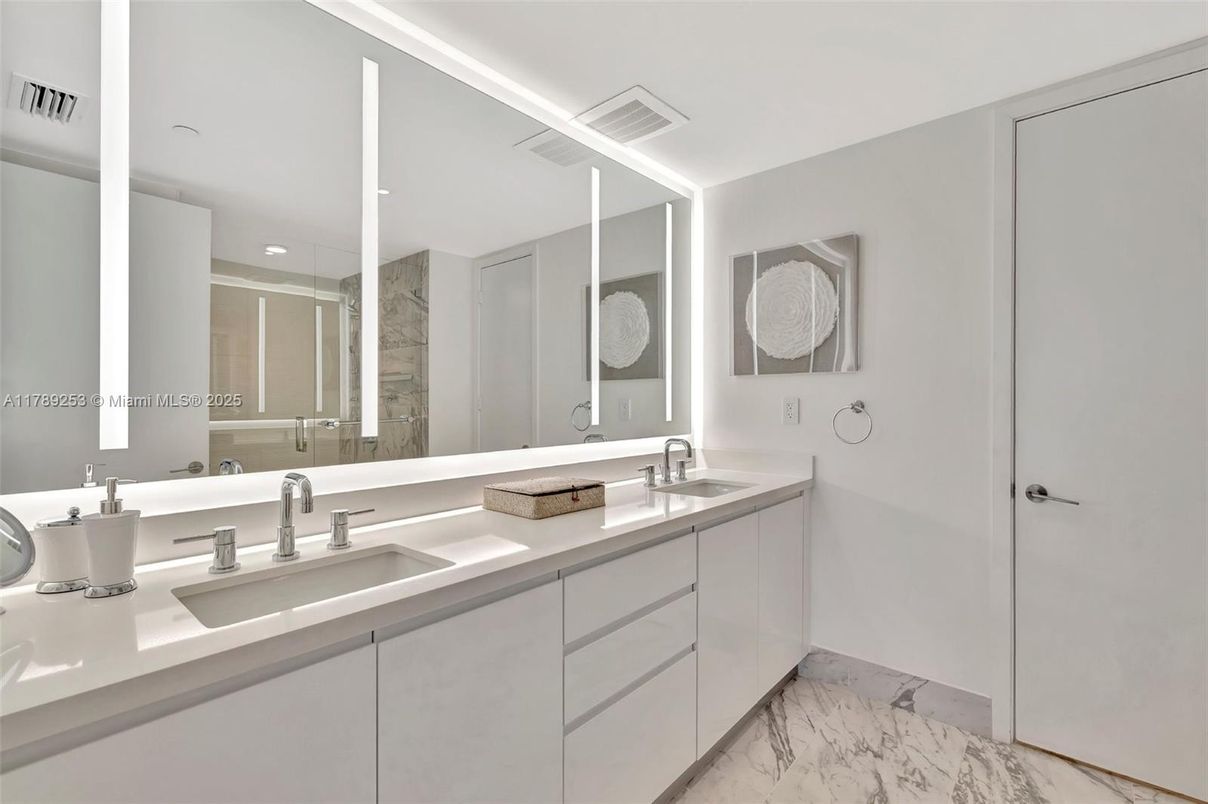 Bathroom, Dual Sink Vanities, Glass Shower, Interior, Marble, Recessed Lighting