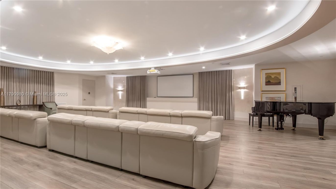 Interior, Living room, Piano, Projection Screen, Recessed Lighting, Theatre Room, Wood Texture Flooring