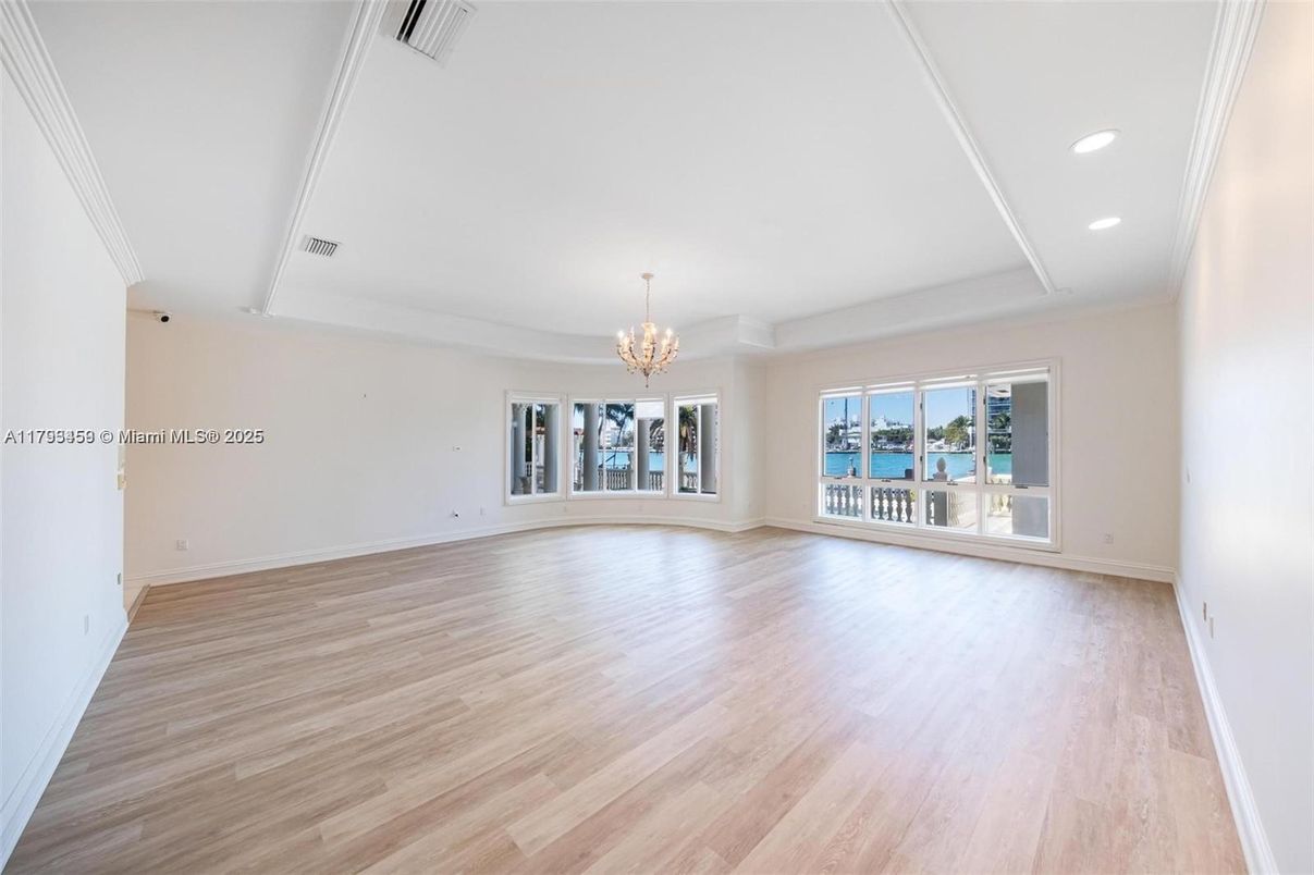 Chandelier, Empty room, Interior, Recessed Lighting, Wood Texture Flooring