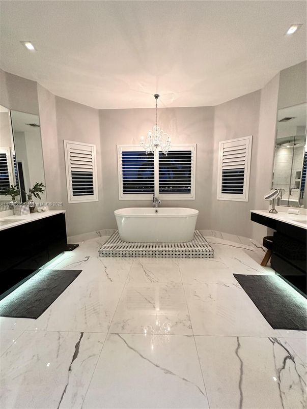 Bathroom, Chandelier, Free Standing Baths, Interior, Marble, Recessed Lighting