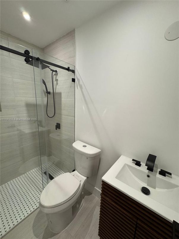 Bathroom, Glass Shower, Interior, Recessed Lighting, Wood Texture Flooring