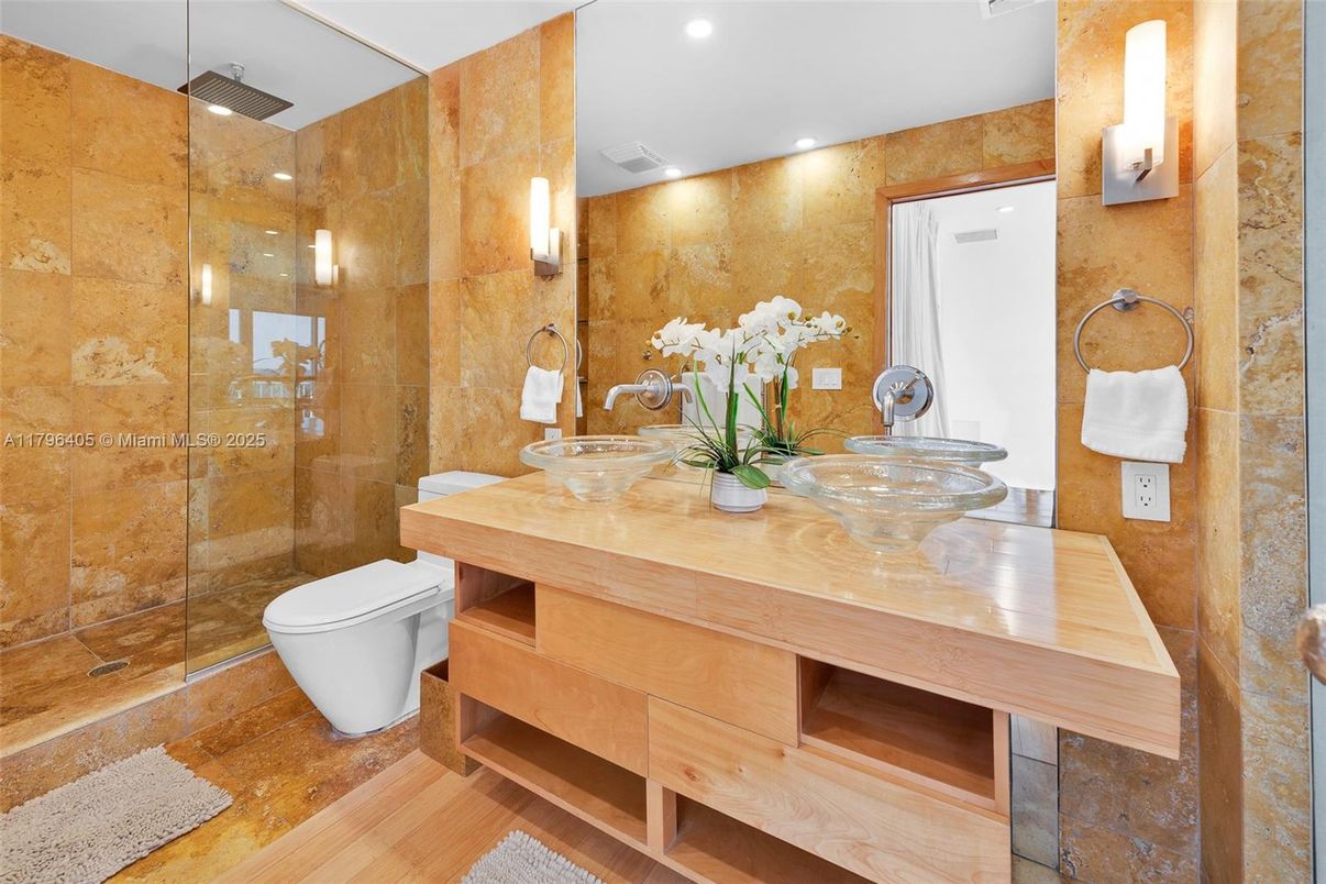 Bathroom, Glass Shower, Interior, Recessed Lighting, Wood Texture Flooring