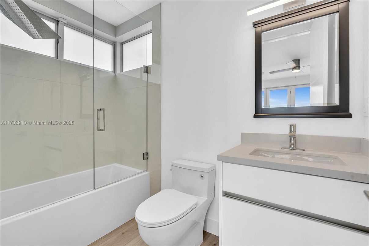Bathroom, Glass Shower, Interior, Wood Texture Flooring