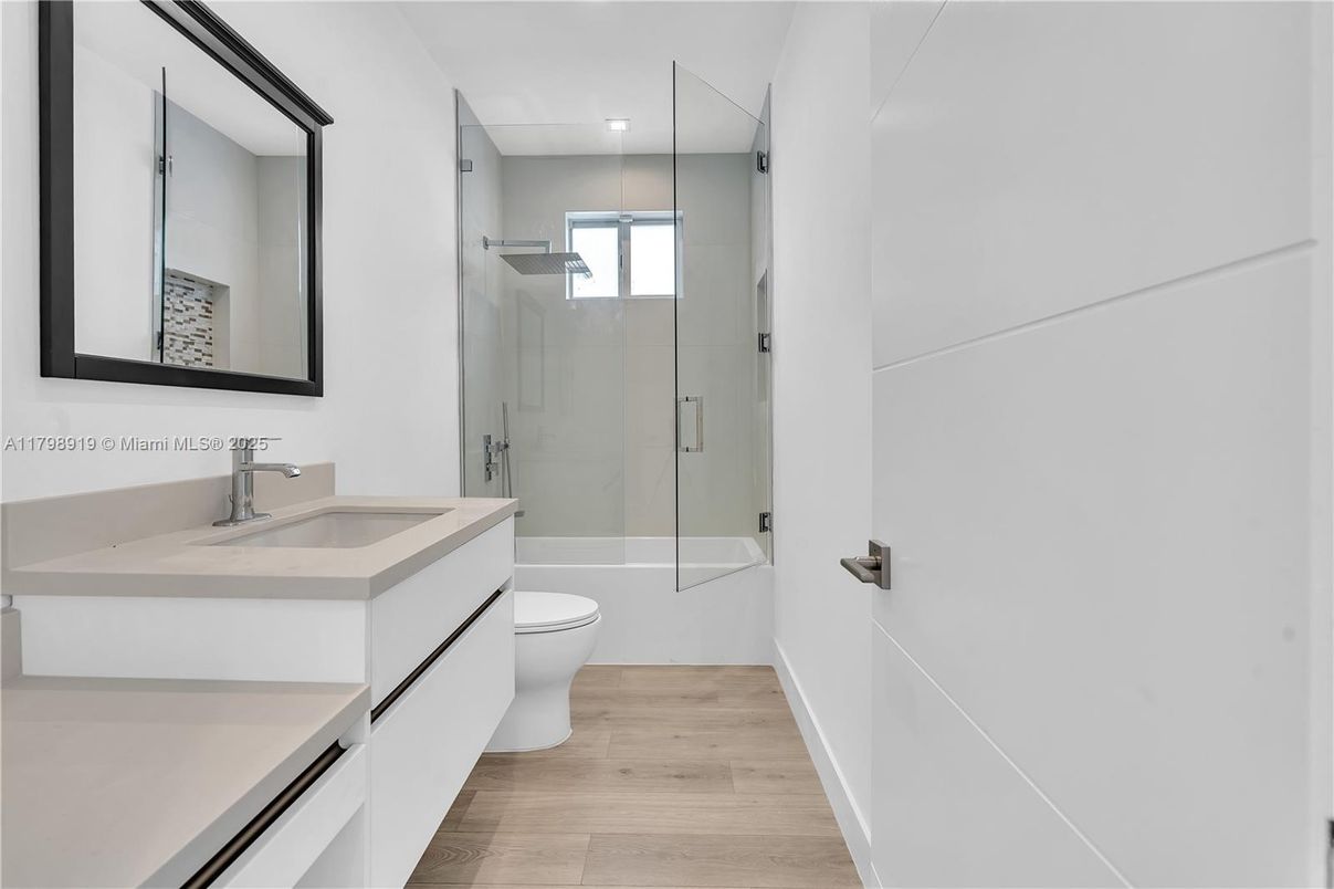 Bathroom, Glass Shower, Interior, Recessed Lighting, Wood Texture Flooring