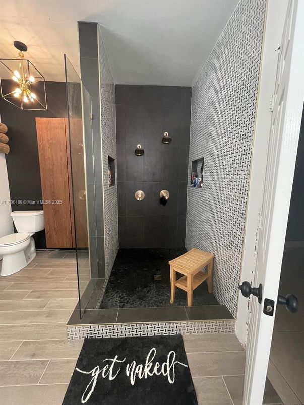 Bathroom, Glass Shower, Interior, Pendant Lights, Wood Texture Flooring