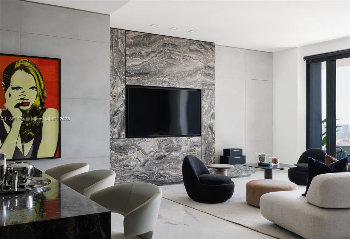 Fireplace, Interior, Living room, Marble, Recessed Lighting