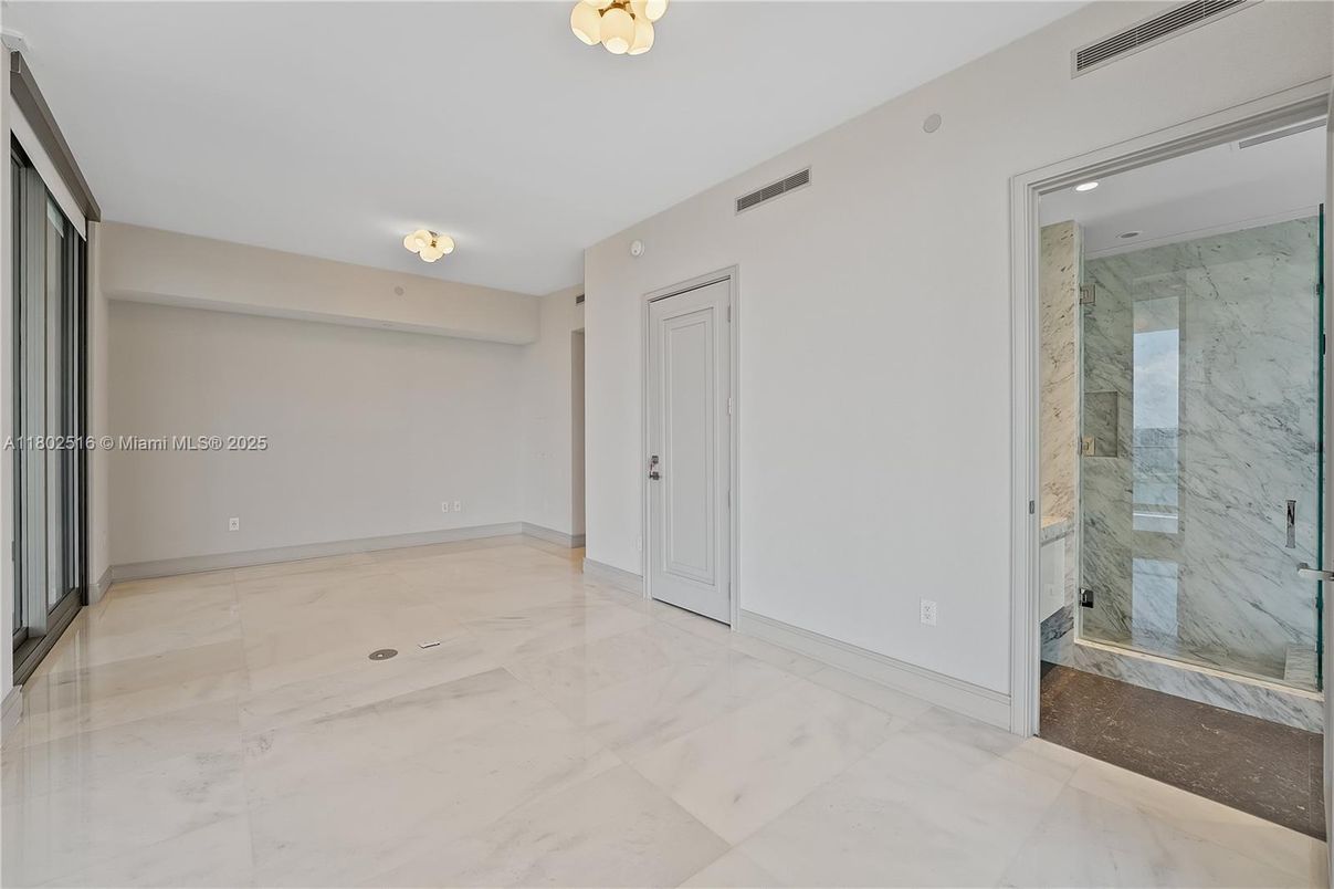 Bathroom, Empty room, Glass Shower, Interior, Marble, Marble Walls, Recessed Lighting