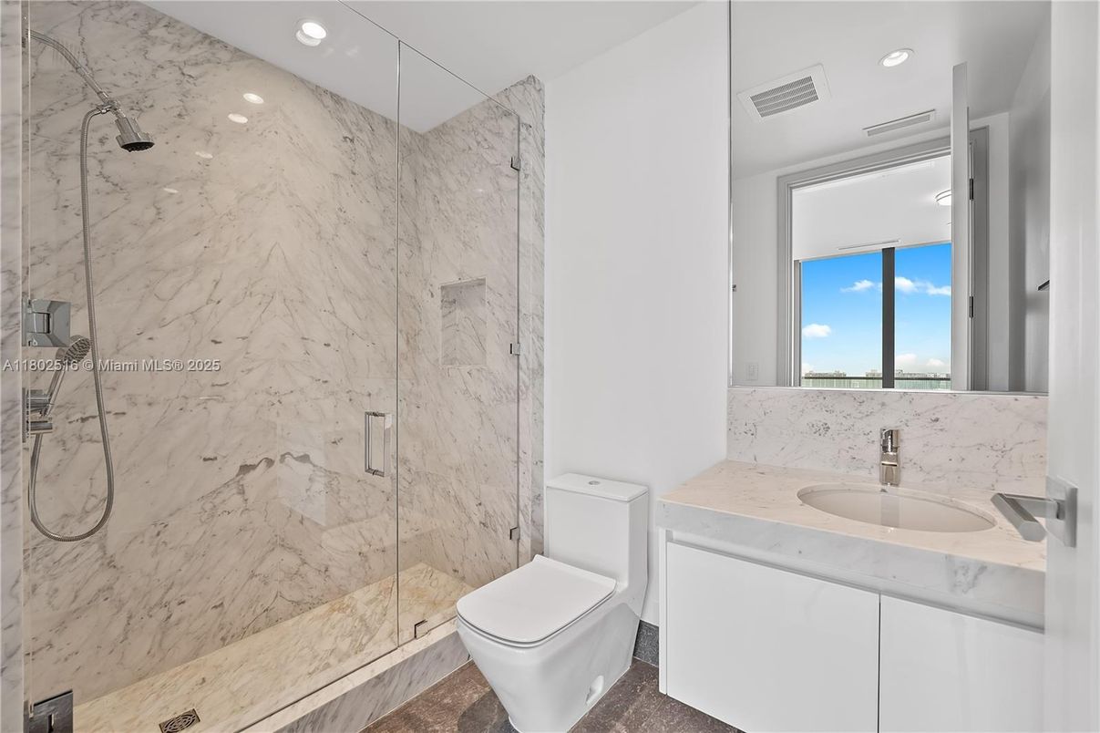 Bathroom, Glass Shower, Interior, Marble Walls, Recessed Lighting