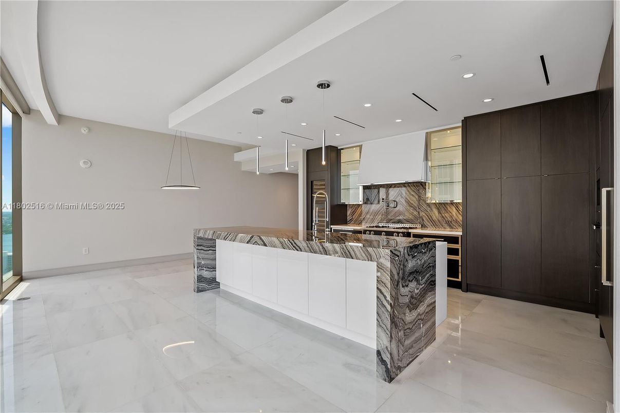 Interior, Kitchen, Marble, Pendant Lights, Recessed Lighting, Stainless Steel Appliances