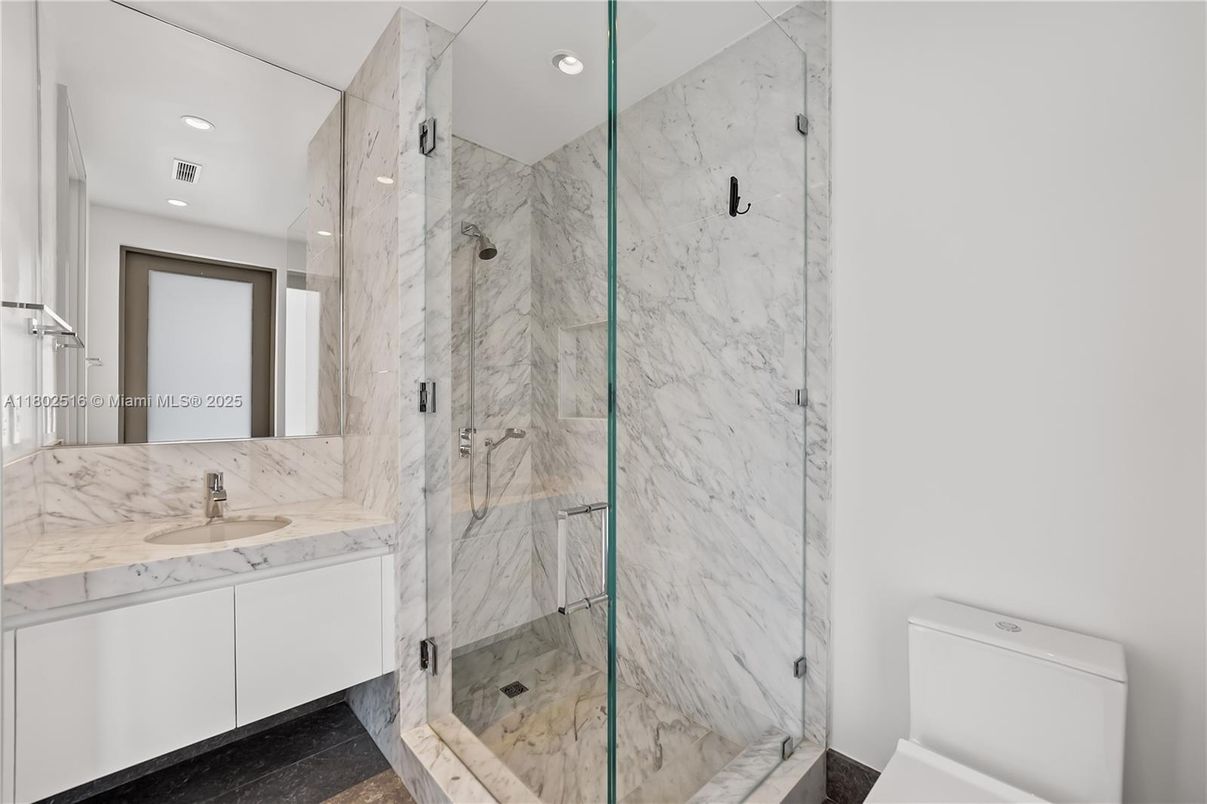 Bathroom, Glass Shower, Interior, Marble Walls, Recessed Lighting