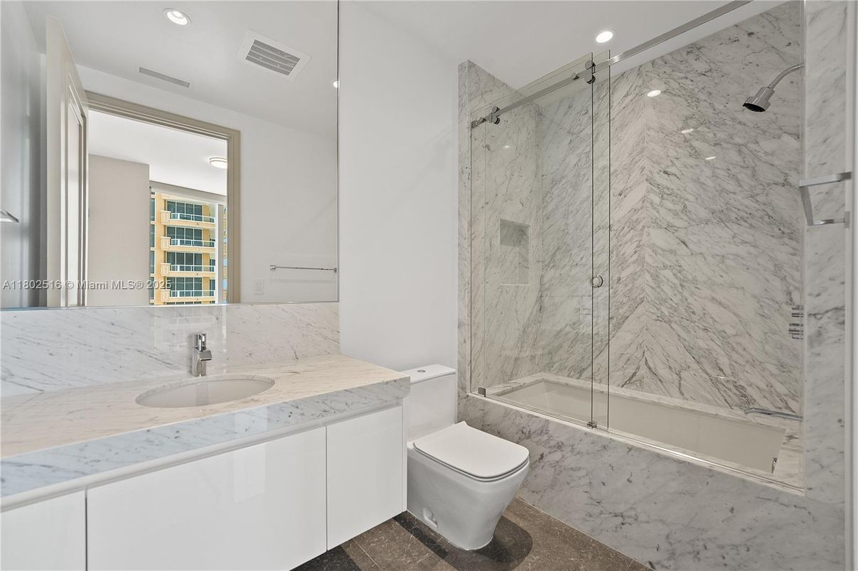 Bathroom, Glass Shower, Interior, Marble Walls, Recessed Lighting
