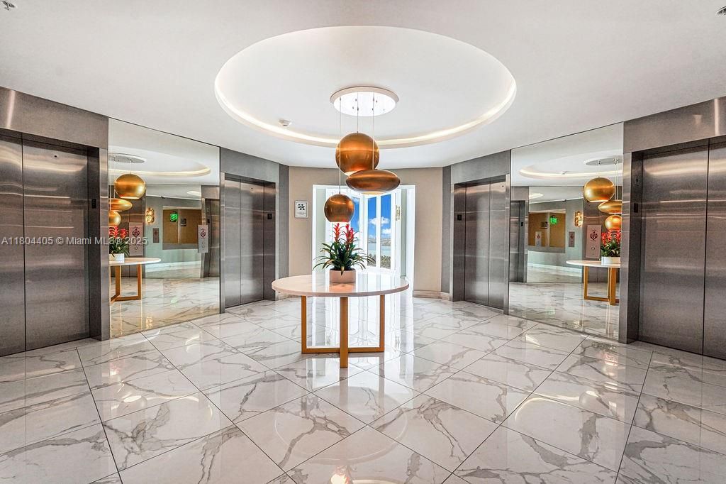 Elevator, Interior, Marble, Pendant Lights