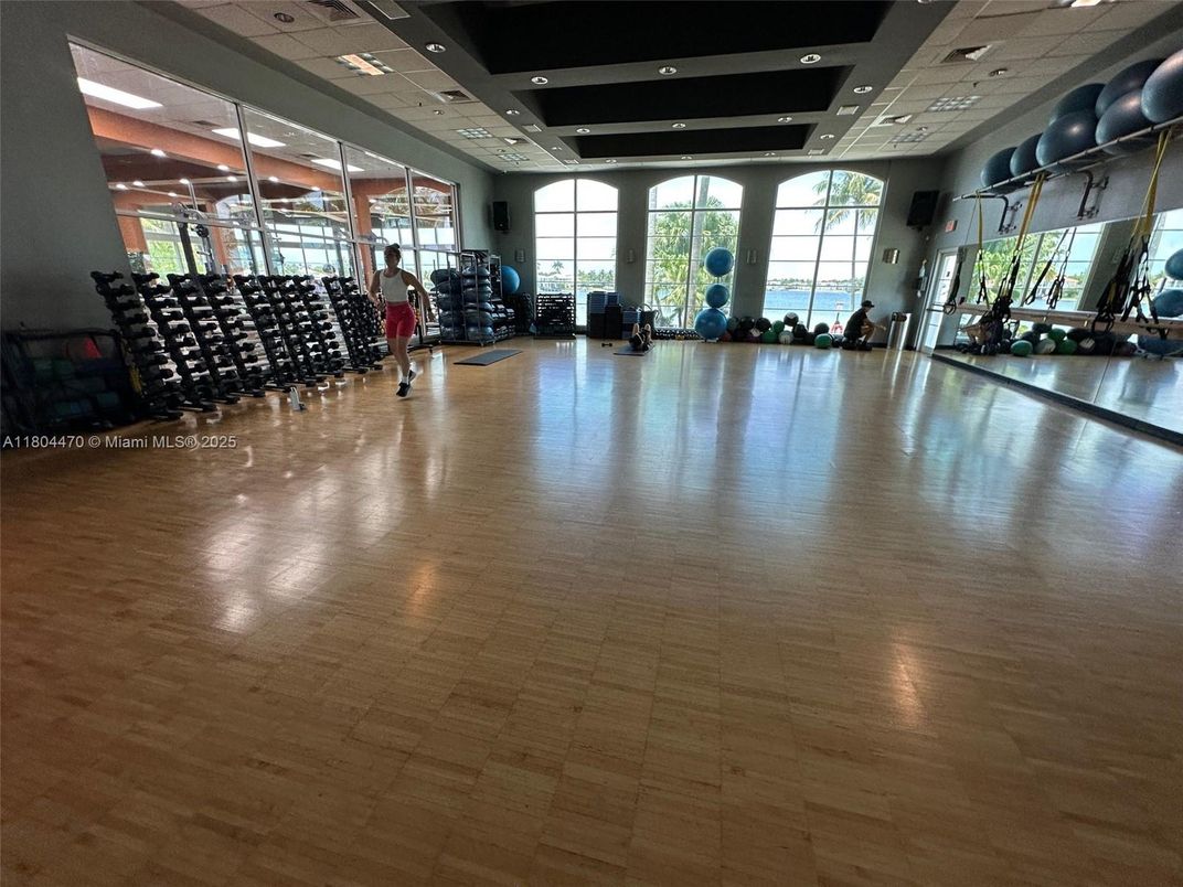 Fitness Equipment, Gym, Interior, Recessed Lighting, Wood Texture Flooring