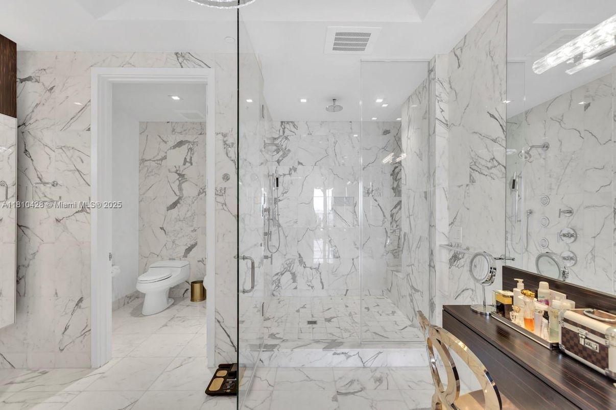 Bathroom, Glass Shower, Interior, Marble, Marble Walls, Recessed Lighting