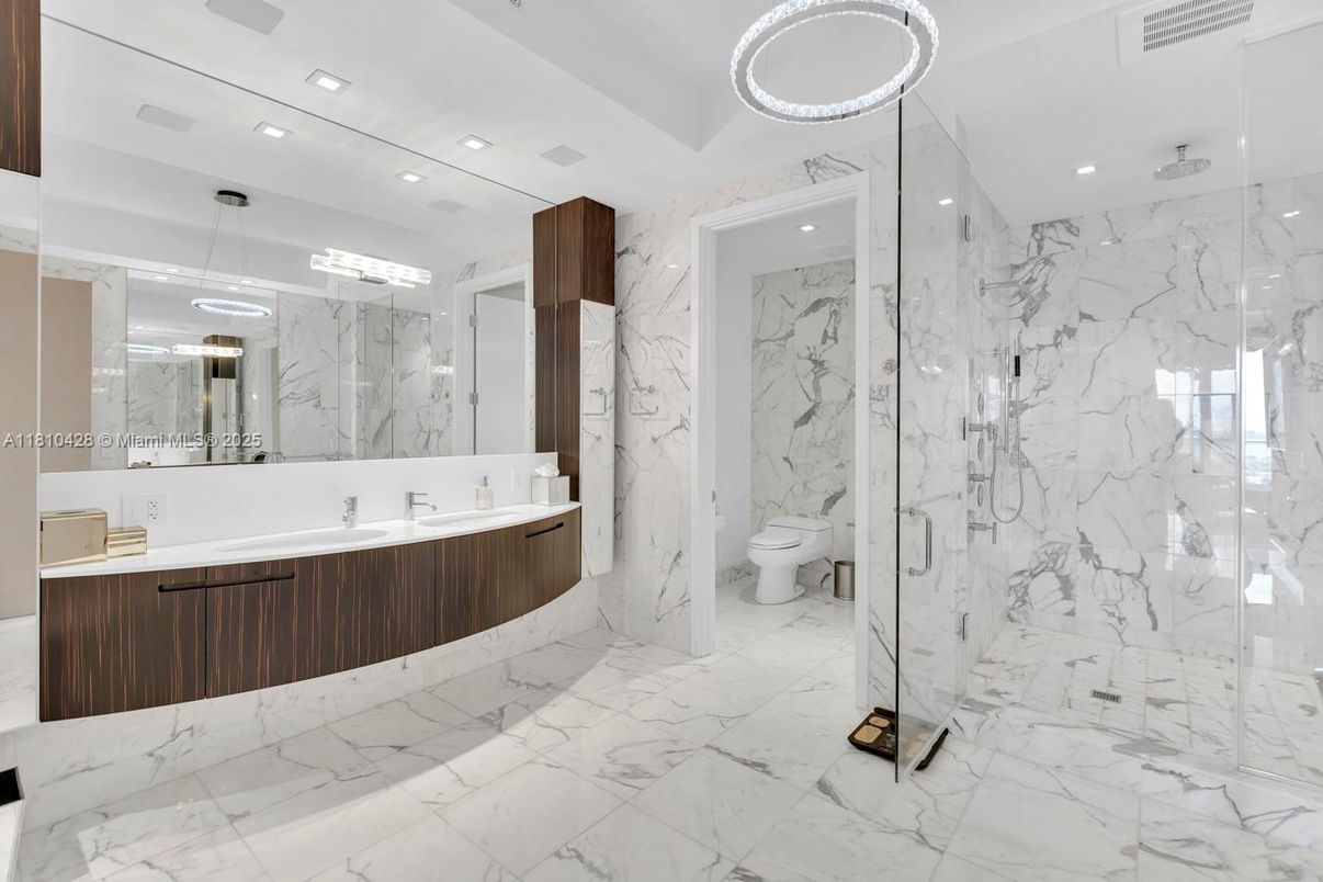 Bathroom, Glass Shower, Interior, Marble, Marble Walls, Pendant Lights, Recessed Lighting