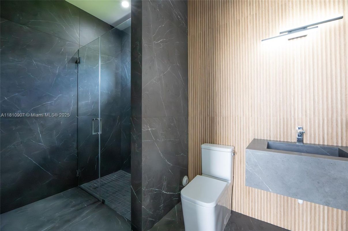 Bathroom, Glass Shower, Interior, Marble Walls, Recessed Lighting