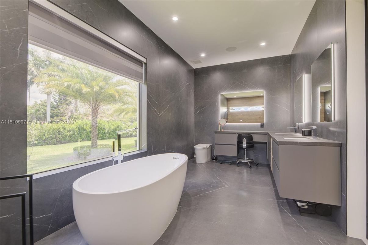Bathroom, Free Standing Baths, Interior, Marble Walls, Recessed Lighting