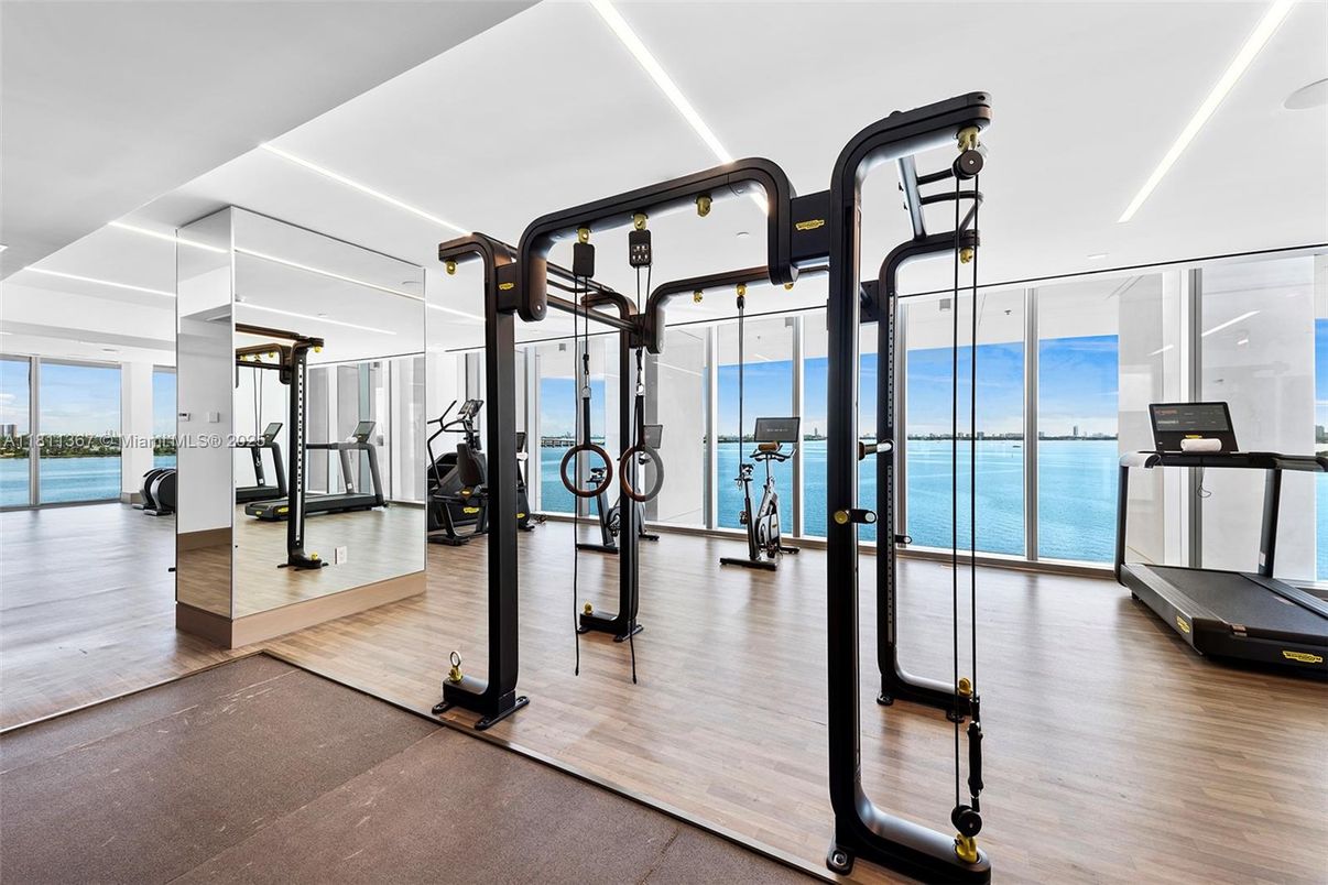 Fitness Equipment, Gym, Interior, Water, Wood Texture Flooring